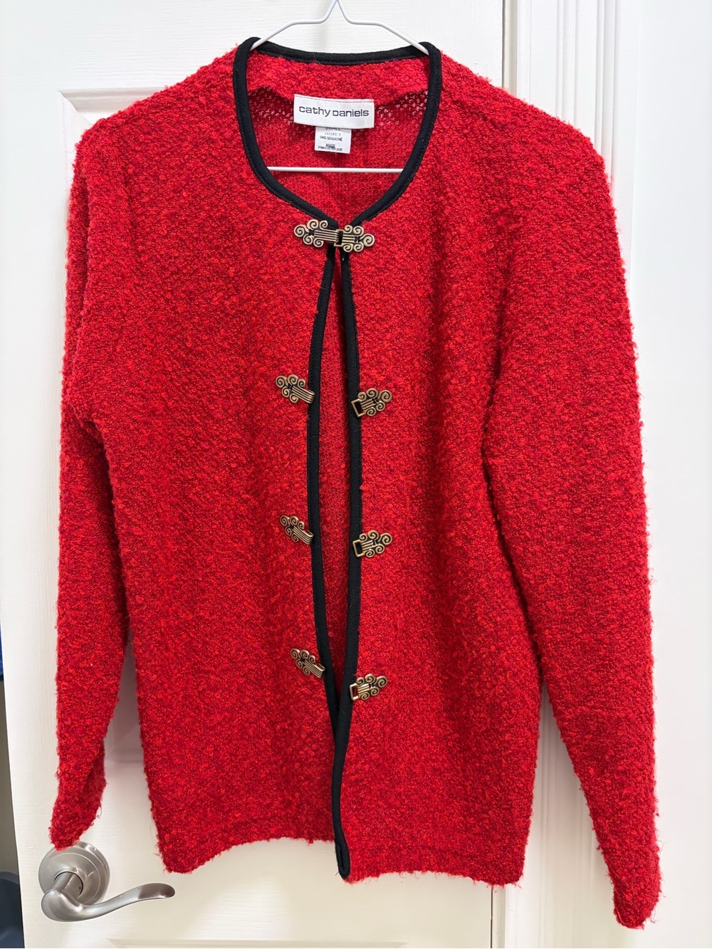 Cathy Daniels Red Bouclé Cardigan with Gold Decorative Toggles